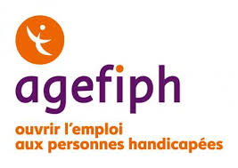 Logo Agefiph avec le slogan « ouvrir l'emploi aux personnes handicapées ».