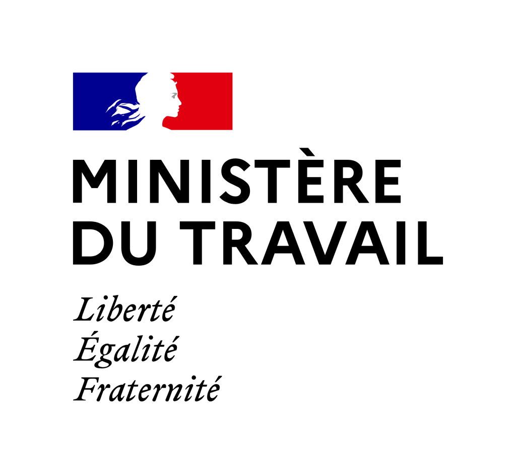Logo du ministère du Travail avec une silhouette blanche sur fond bleu, blanc et rouge.